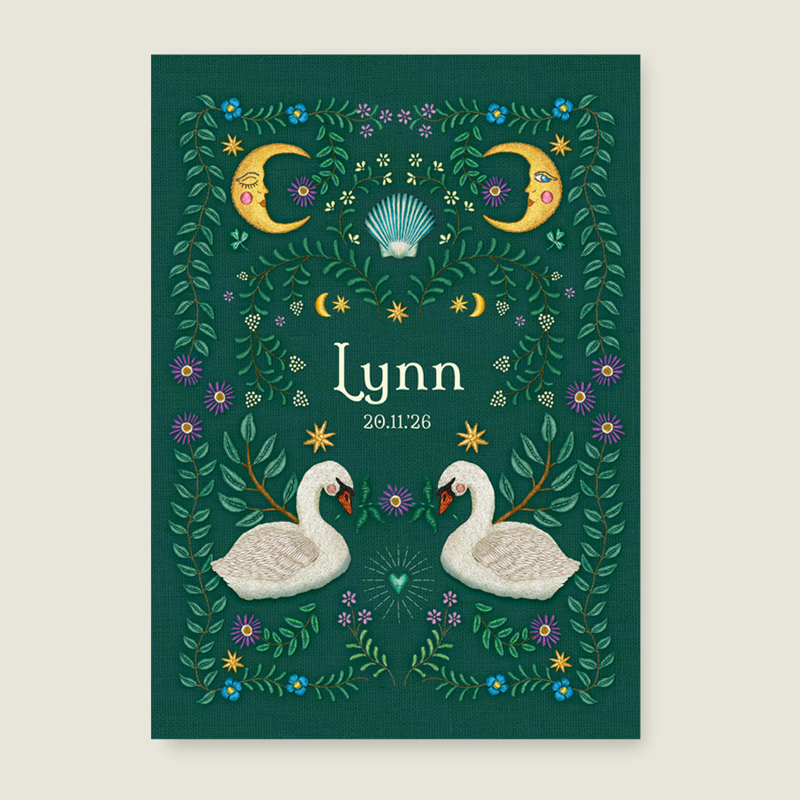 Print Embroider swan heart darkgreen - Story of July