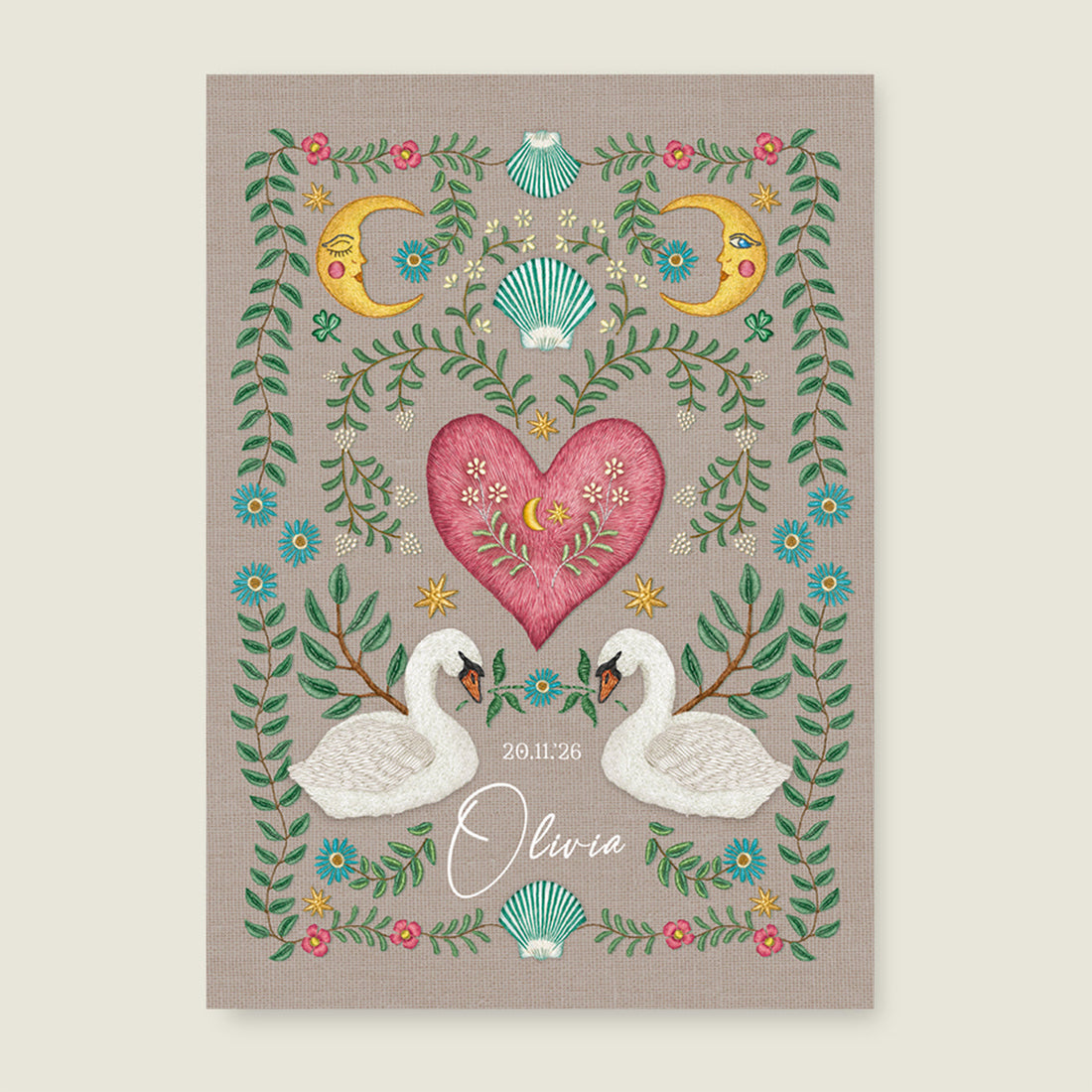 Print Embroider swan heart khaki - Story of July