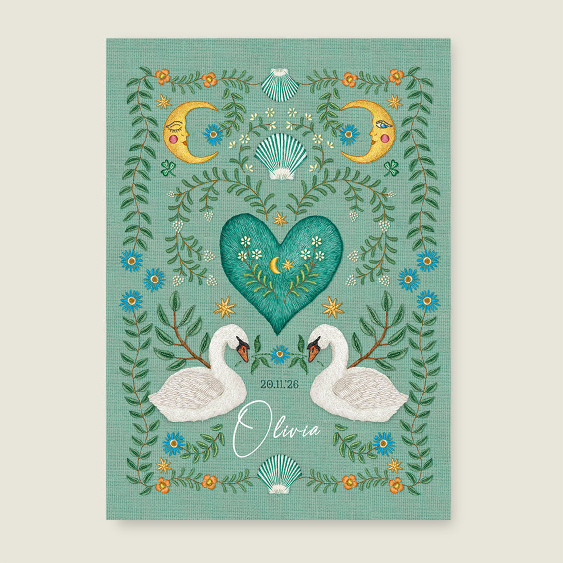 Print Embroider swan heart light green - Story of July