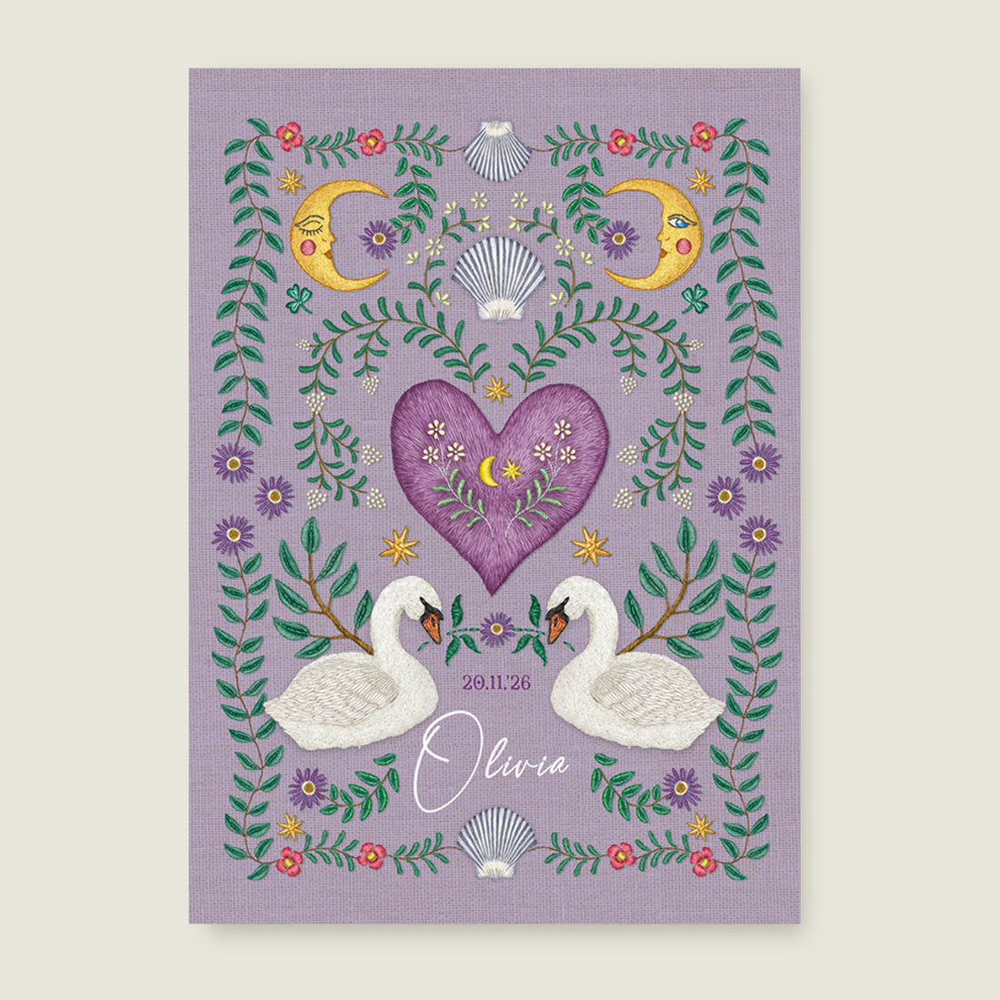 Print Embroider swan heart paars - Story of July