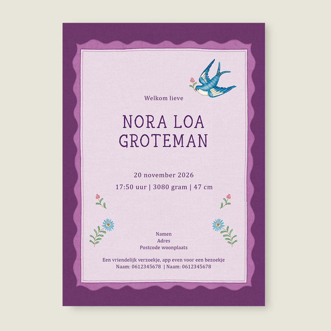 Sample Sparrow Birds Purple - Story of July