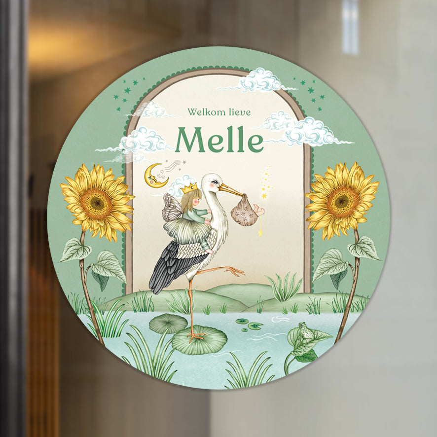 Raamsticker Stork & Baby Sister - Story of July