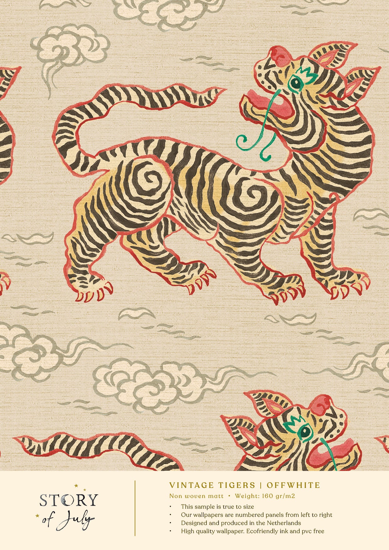Behangsample Vintage Tigers Offwhite