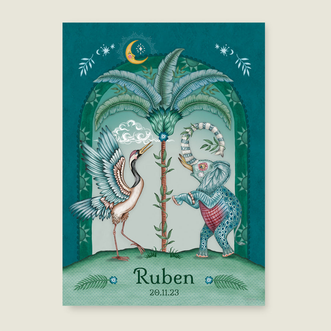 Print Cranebird And Elephant Blue - Story of July