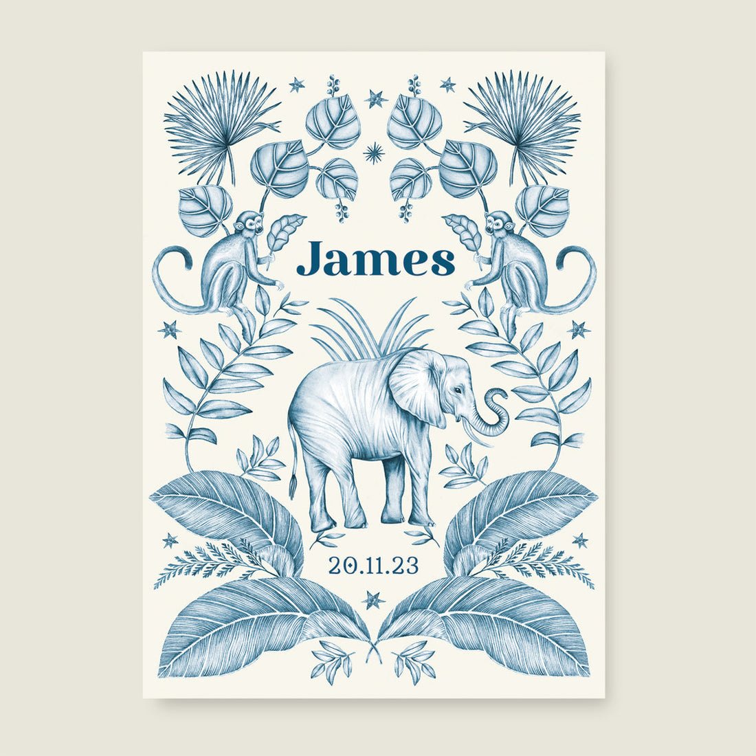 Print Elephant and the monkey blue - Story of July