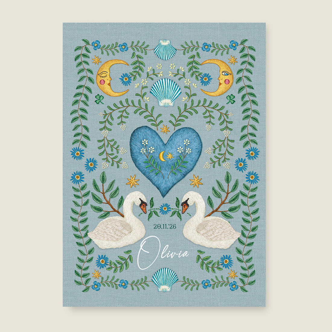 Print Embroider swan heart blue - Story of July