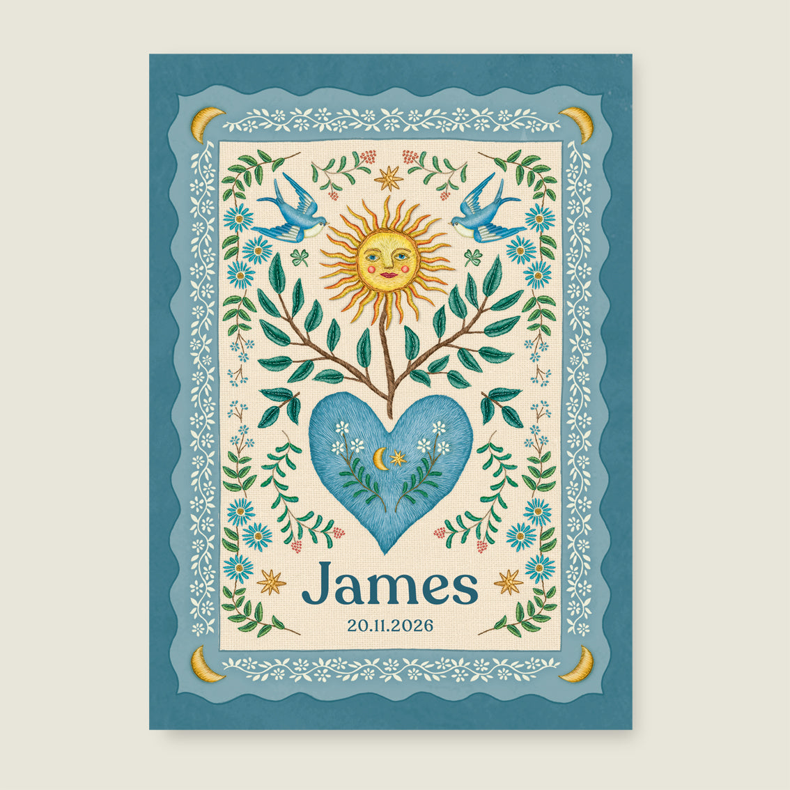 Print Sparrow Birds Light Blue