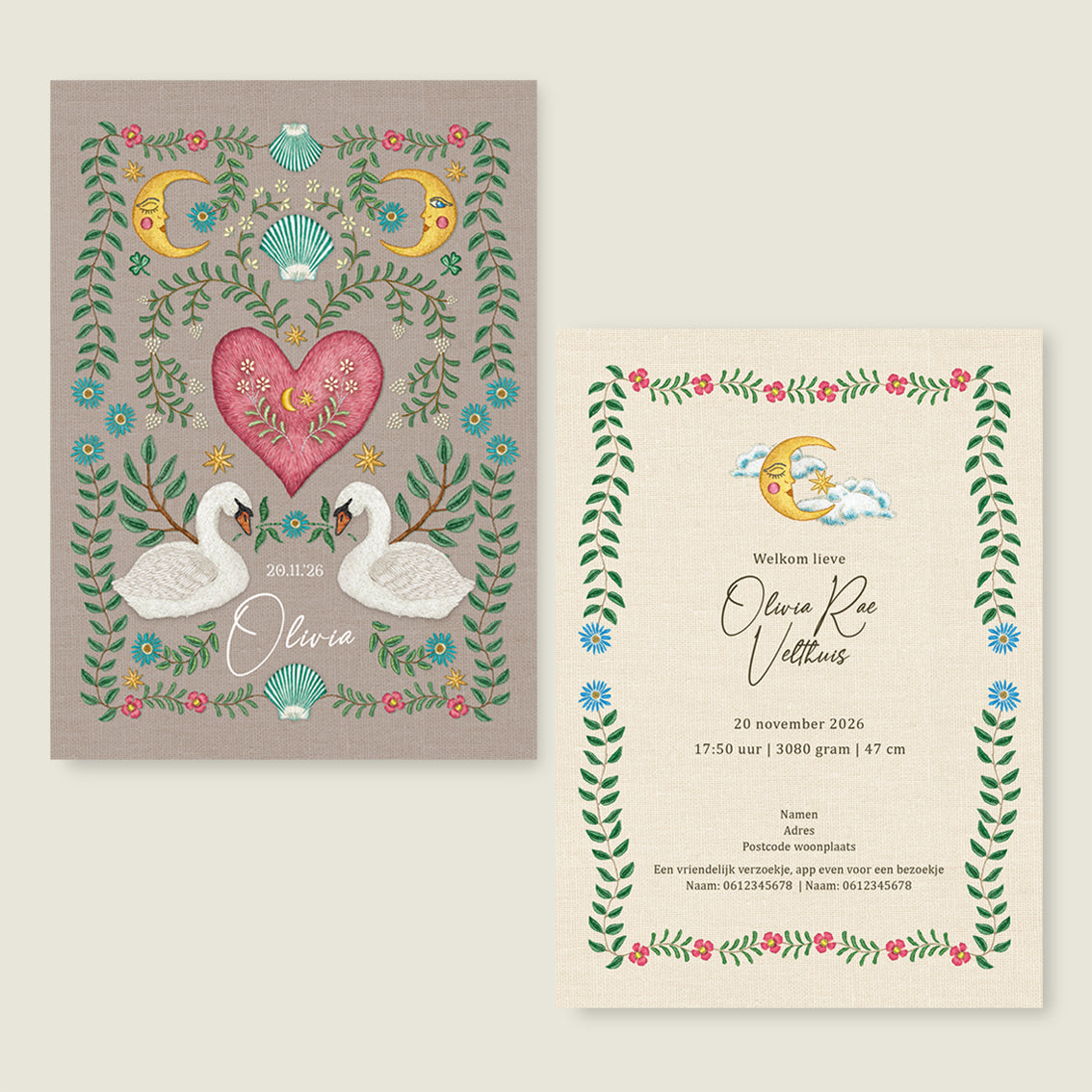 Embroider Swan Heart Khaki - Story of July