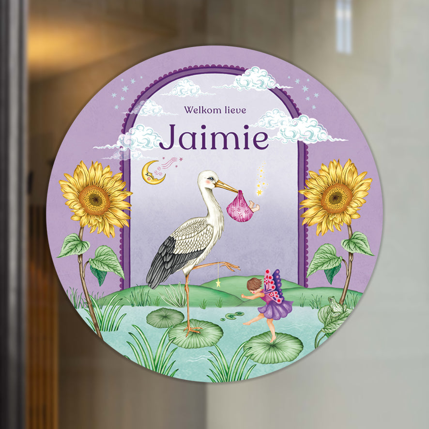 Raamsticker Stork & Baby Purple - Story of July