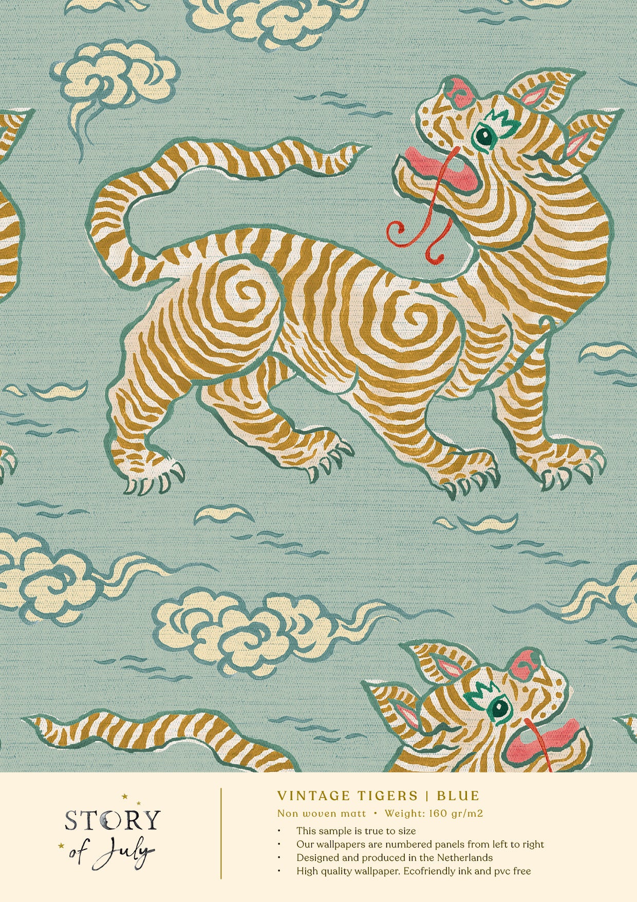 Behangsample Vintage Tigers Blue