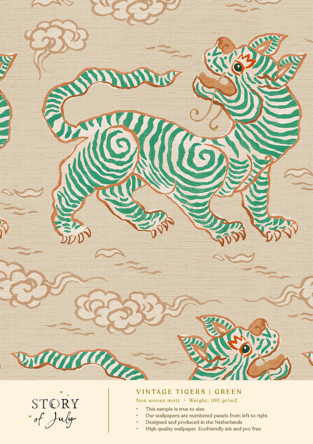 Behangsample Vintage Tigers Green