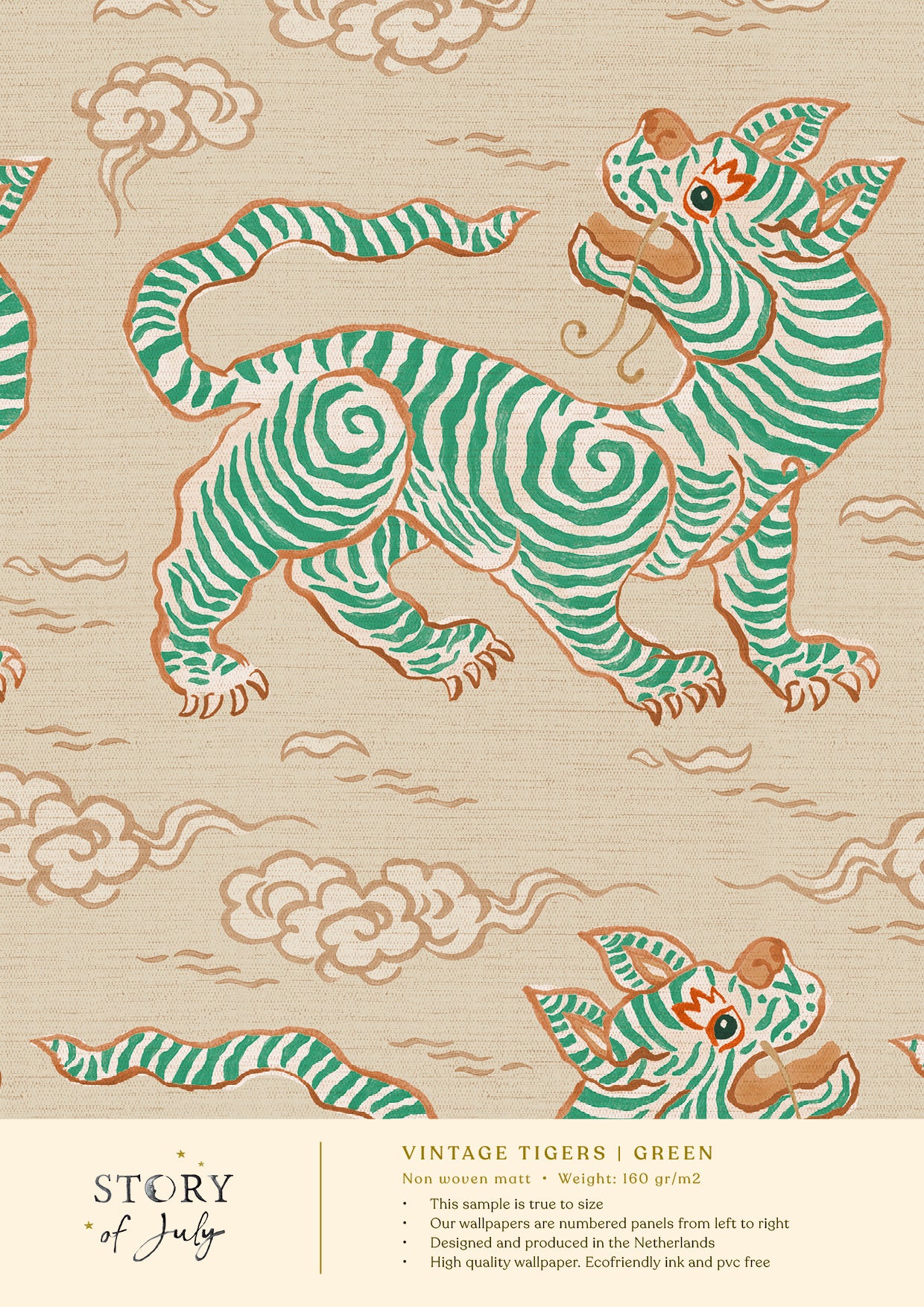 Behangsample Vintage Tigers Green