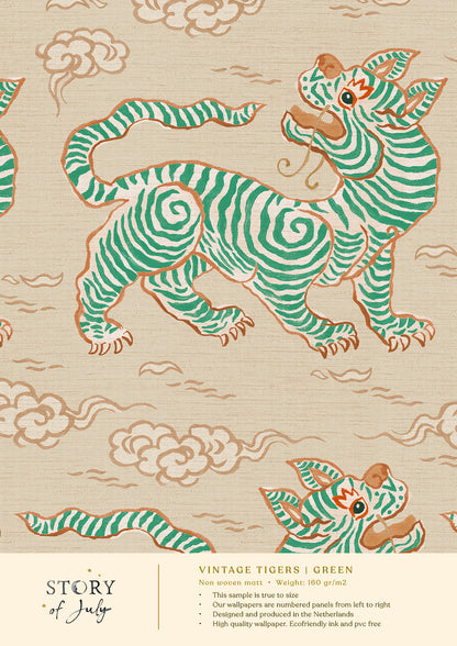 Behangsample Vintage Tigers Green