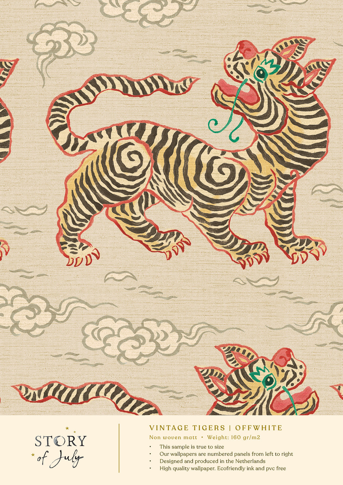 Behangsample Vintage Tigers Offwhite