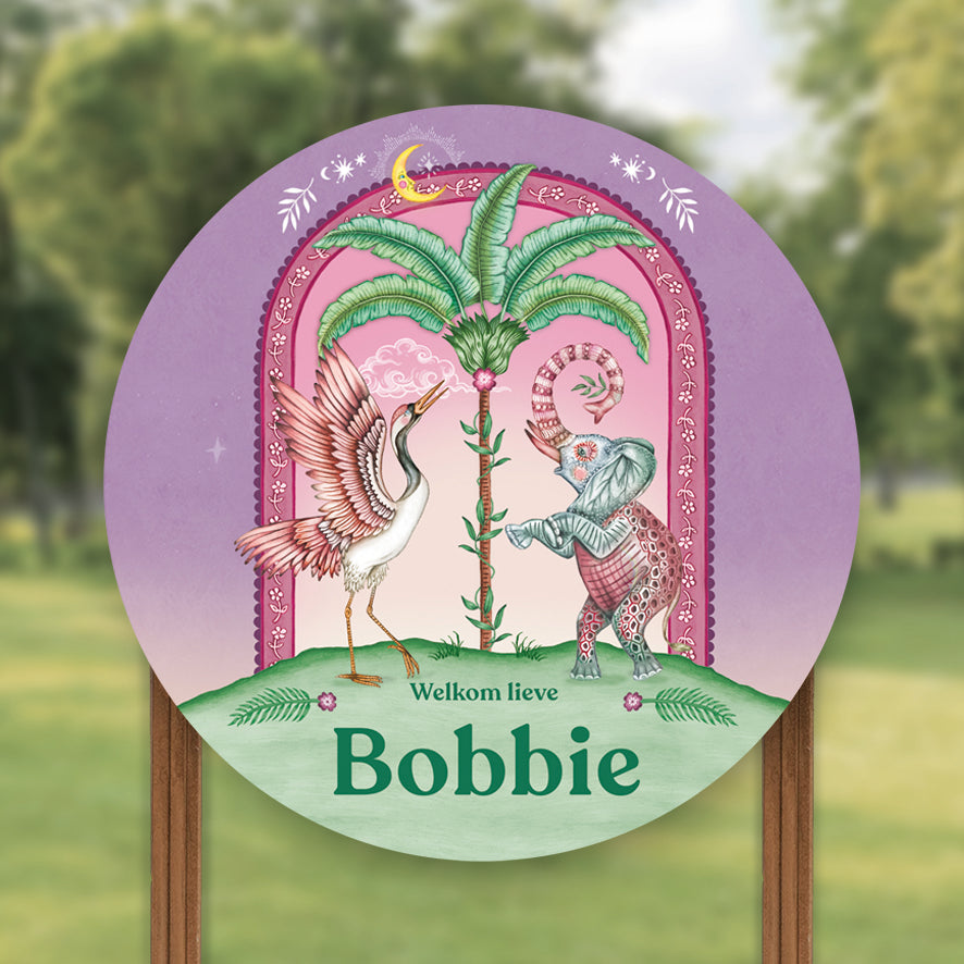 Tuinbord Crane Bird &amp; Elephant Purple - Story of July