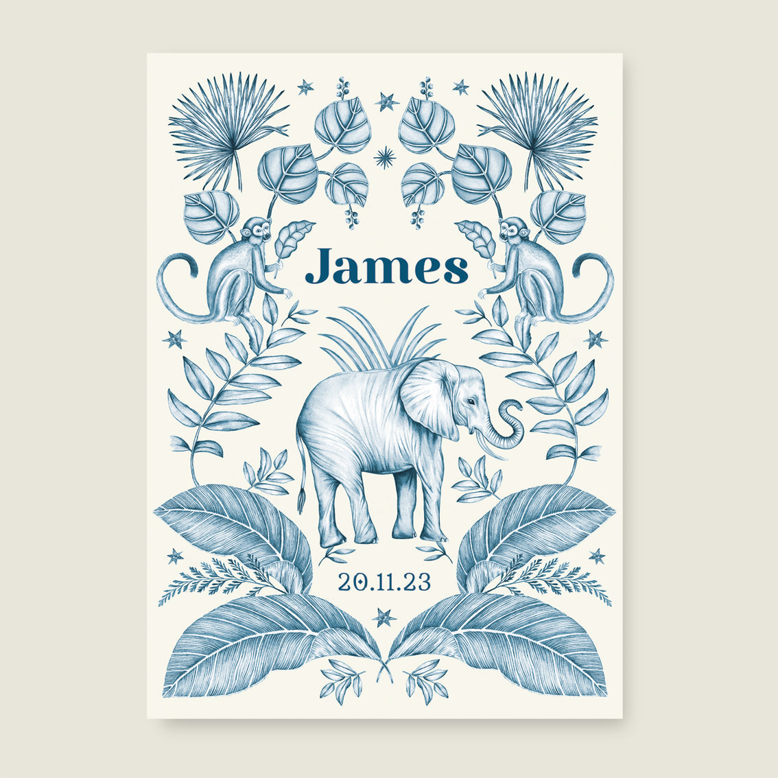 Print Elephant and the monkey blue - Story of July